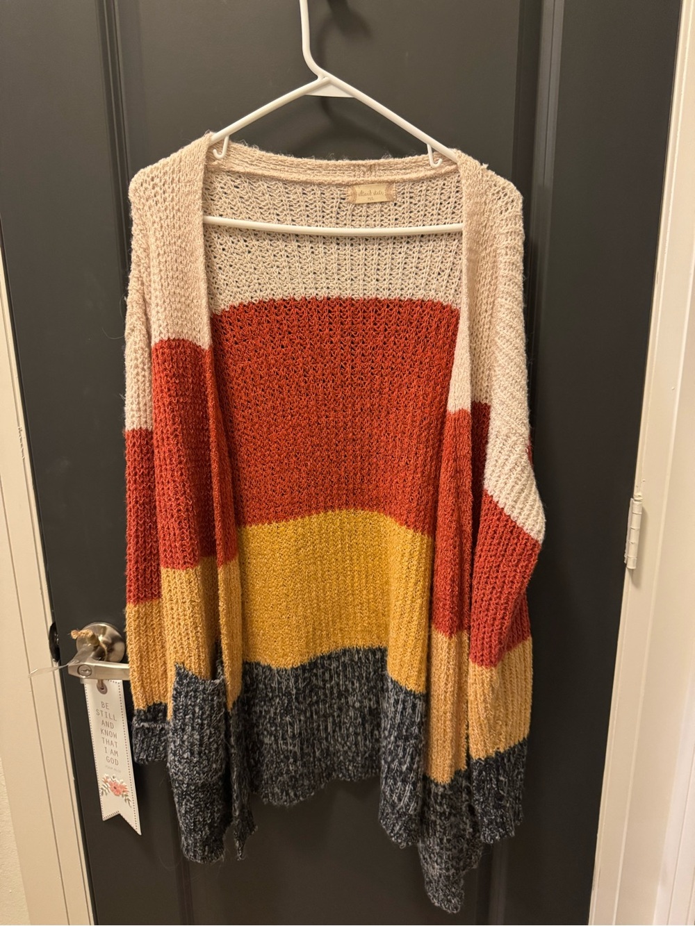 Altar'd State Cream, Rust, Mustard & Charcoal Colorblock Open Cardigan